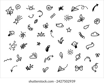 Elementos de diseño de garabato dibujado a mano, negro sobre fondo blanco. Doodle corazón, flecha, estrella, brillo símbolo de decoración conjunto icono. símbolos, pincel decorativo lindo trazos líneas boceto pluma elementos de diseño