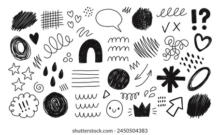 Hand drawn doodle design elements, black on white background. Curly lines set. Scribble black strokes elements