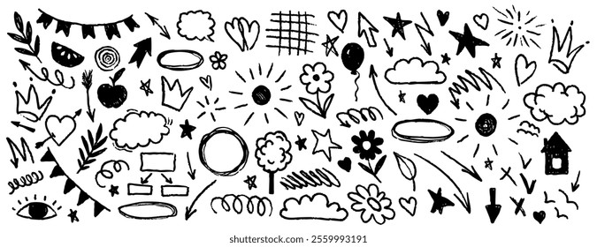 Hand drawn doodle design elements, black on white background. Swishes, swoops, emphasis, Arrow, crown, brush stroke. doodle sketch design elements.