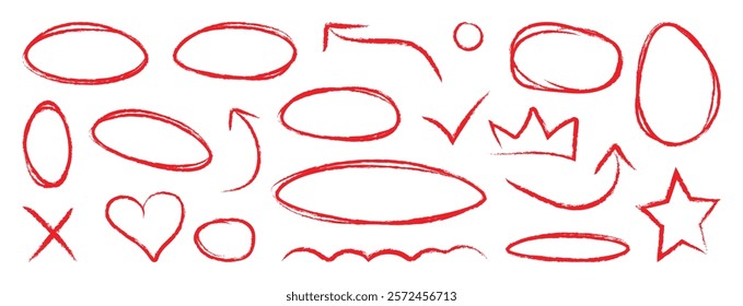 Hand drawn doodle design elements, charcoal or pencil drawn. Crayon drawn doodle shapes, check marks, cross, star, crown and arrows collection.	