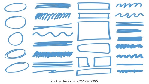 Hand drawn doodle design elements, brush stroke, line border, highlight spark