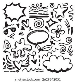 Hand drawn doodle design elements. Star, flower, Arrow, heart, leaves, cloud and other,