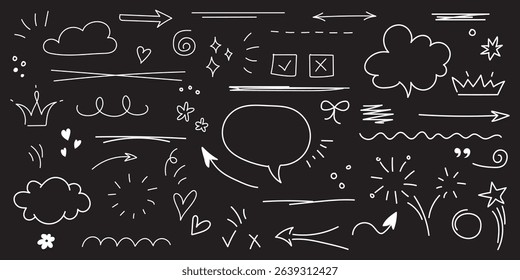 Hand drawn doodle design elements, black on white background. Swishes, swoops, emphasis, Arrow, crown, brush stroke. doodle sketch design elements 