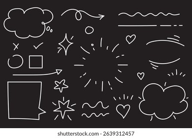 Hand drawn doodle design elements, black on white background. Swishes, swoops, emphasis, Arrow, crown, brush stroke. doodle sketch design elements