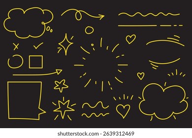 Hand drawn doodle design elements, black on white background. Swishes, swoops, emphasis, Arrow, crown, brush stroke. doodle sketch design elements