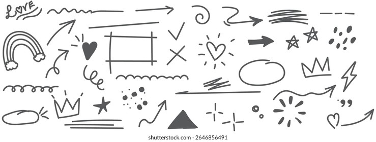 Hand drawn doodle design elements, black on white background. Swishes, swoops, emphasis, Arrow, crown, brush stroke. doodle sketch design elements