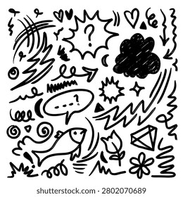 Hand drawn doodle design elements. fish, cloud, Arrow, heart, emphasis, star, leaves and other