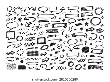 Hand Drawn Doodle Design Elements Mega Collection with Arrows Speech Bubbles Ribbons Scribbles Stars and Decorative Shapes Vector Set