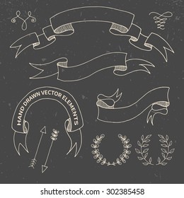 Hand Drawn Doodle Design Elements. Decorative Floral Banners and Dividers, Branches, Ribbons. Chalk Drawing. Chalkboard Texture. Vintage Vector Illustration.