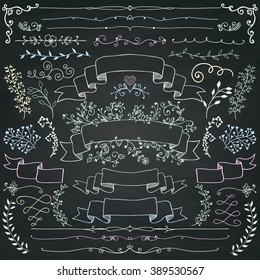 Hand Drawn Doodle Design Elements. Decorative Floral Banners. Chalk Drawing. Chalkboard Texture. Vintage Vector Illustration.
