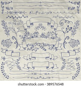 Hand Drawn Doodle Design Elements. Sketched Decorative Rustic Floral Banners, Dividers, Branches, Ribbons on Crumpled Notebook Paper Texture. Vector Illustration.