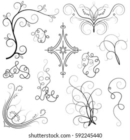 Hand drawn doodle design elements and corners. Set of swirl details for invitation cards and design