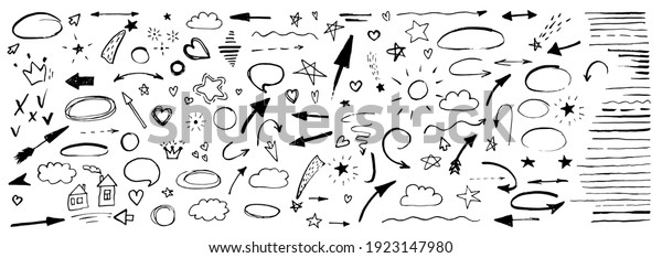Hand drawn doodle design elements, black on\
white background. Swishes, swoops, emphasis, Arrow, crown, brush\
stroke. doodle sketch design\
elements