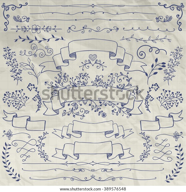 Hand Drawn Doodle Design
Elements. Sketched Decorative Rustic Floral Banners, Dividers,
Branches, Ribbons on Crumpled Notebook Paper Texture. Vector
Illustration.
