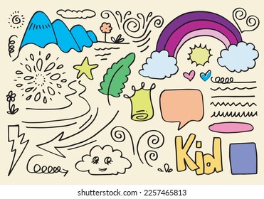 Hand drawn doodle design elements.thunderbolt, cloud, Arrow, heart, line, hill. doodle sketch design elements.