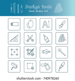 Hand drawn doodle design tools set. Vector illustration. Isolated elements on white background. Symbol collection.