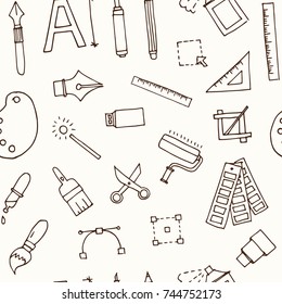 Hand drawn doodle design tools seamless pattern Vector illustration. Symbol collection.