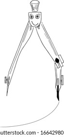 Hand drawn doodle design white compass. Engineering and architecture tool for tracing circles and curves. Hand delimiter, equipment draftsman instrument, circinus, divider. Happy cartoon smiling face