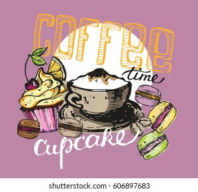 Hand drawn doodle dessert - cupcake and macaroon. Hot fresh coffee.