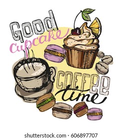 Hand drawn doodle dessert - cupcake and macaroon. Hot fresh coffee.