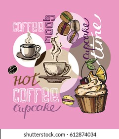 Hand drawn doodle dessert - cupcake and macaroon. Hot fresh coffee.
