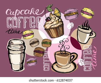 Hand drawn doodle dessert - cupcake and macaroon. Hot fresh coffee.