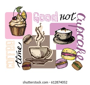 Hand drawn doodle dessert - cupcake and macaroon. Hot fresh coffee.