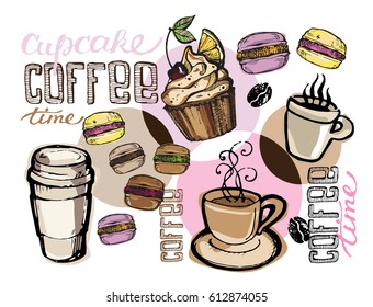 Hand drawn doodle dessert - cupcake and macaroon. Hot fresh coffee.
