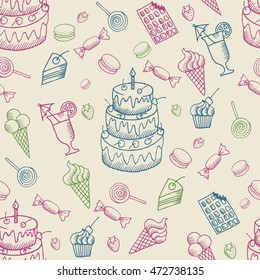 Hand drawn doodle desserts seamless pattern. Vector doodle sweets illustrations