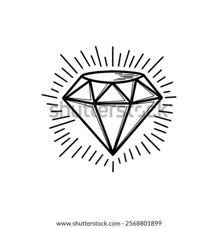 Hand drawn doodle diamond, gem icon with light lines around it