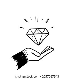 hand drawn doodle diamond in palm hand illustration vector
