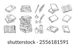 Hand drawn doodle different black outline books. linear style book icons set. Drawing books variations. Vector illustration