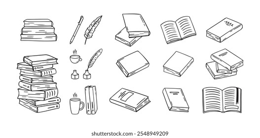 Hand drawn doodle different black outline books. linear style book icons set. Drawing books variations. Vector illustration