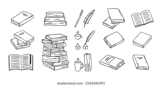 Hand drawn doodle different black outline books. linear style book icons set. Drawing books variations. Vector illustration