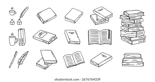 Dibujado a mano doodle diferentes libros de contorno negro. conjunto de iconos de libros de estilo lineal. Variaciones de libros de dibujo. Ilustración vectorial