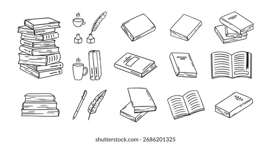 Desenhado à mão rabiscar diferentes livros de contorno preto. estilo linear livro ícones conjunto. Desenhando variações de livros. Ilustração vetorial