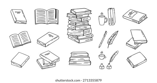 Handgezeichnete Doodle verschiedene schwarze Umrissbücher. Symbole für lineare Formatvorlagen festgelegt. Zeichnen von Büchervariationen. Vektorgrafik
