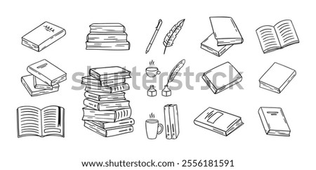 Hand drawn doodle different black outline books. linear style book icons set. Drawing books variations. Vector illustration