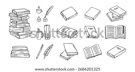 Hand drawn doodle different black outline books. linear style book icons set. Drawing books variations. Vector illustration
