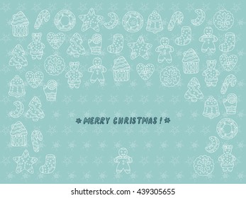 Hand Drawn Doodle different Gingerbread. Xmas Cookies. Merry Christmas Vector Holiday card template