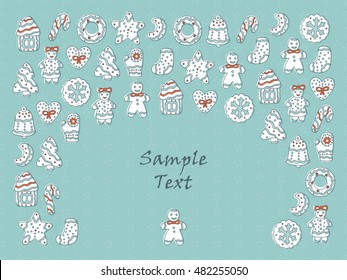 Hand Drawn Doodle different Gingerbread. Xmas Cookies. Merry Christmas Vector Holiday card template