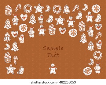 Hand Drawn Doodle different Gingerbread. Xmas Cookies. Merry Christmas Vector Holiday card template