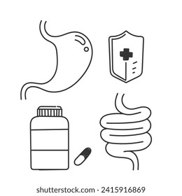 hand drawn doodle Digestion intestine stomach and probiotic icon related