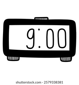 Hand drawn doodle digital alarm clock isolated on white background. Vector illustration.