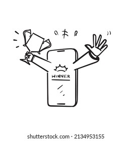 hand drawn doodle digital screen and trophy symbol for online competition win icon