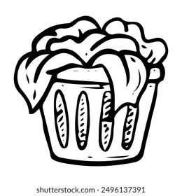 Hand drawn doodle of dirty laundry basket. Storing clothes for washing and drying textiles in the laundry room. Cleaning the house. Vector outline line art illustration.