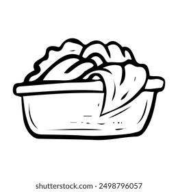 Hand drawn doodle of dirty laundry basket. Storing clothes for washing and drying textiles in the laundry room. Cleaning the house. Vector outline line art illustration.