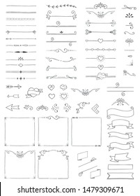 Hand Drawn Doodle Dividers Borders Arrows Swirls Corners and Banners Flat Vector Illustration Design Elements Set Isolated on White