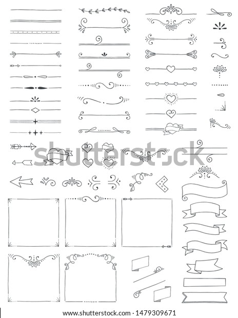 Hand Drawn Doodle Dividers Borders Arrows Swirls
Corners and Banners Flat Vector Illustration Design Elements Set
Isolated on White