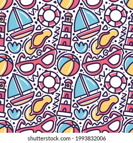 Hand drawn doodle diving on the beach with icons and design elements